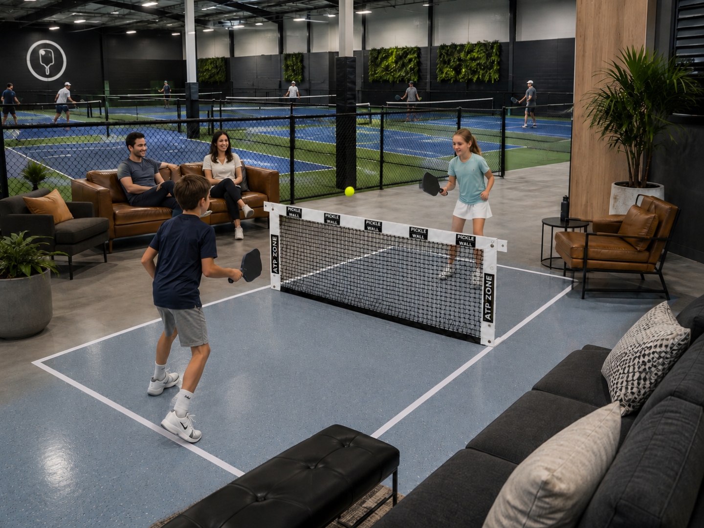 Two children playing across a Pickle Wall net while parents relax nearby at a pickleball facility