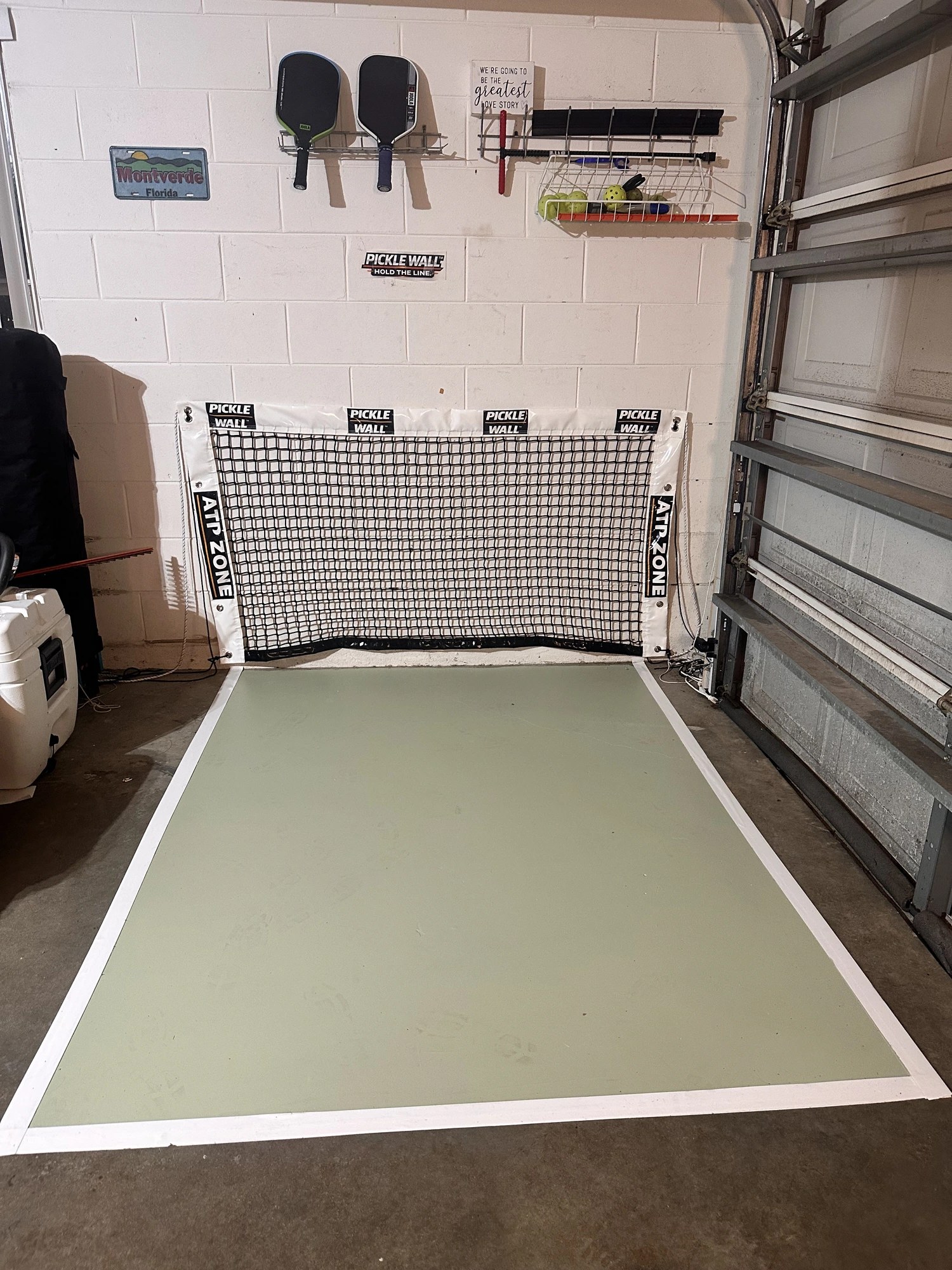 Pickle Wall training setup mounted in a home garage